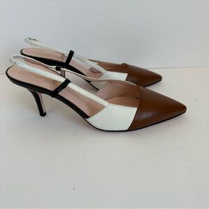 KateSpade Sabina pumps white brown leather with black and clear slingback straps